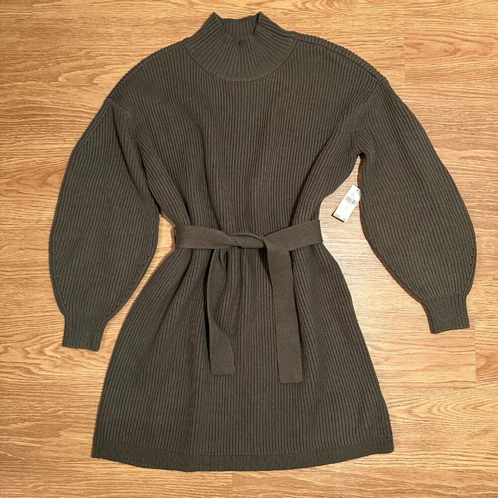 Anthropologie Olive Green Ribbed Knit Belted Sweater Dress